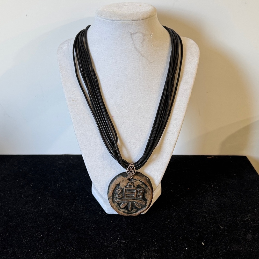 Black Multi-Strand Necklace w/ handmade Tibetan amulet pendant (good luck